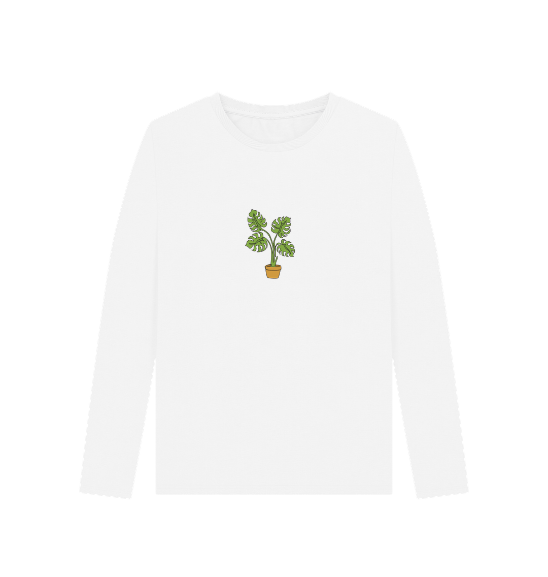 White Women's Monstera Organic Cotton Long Sleeve Tee - Black Design