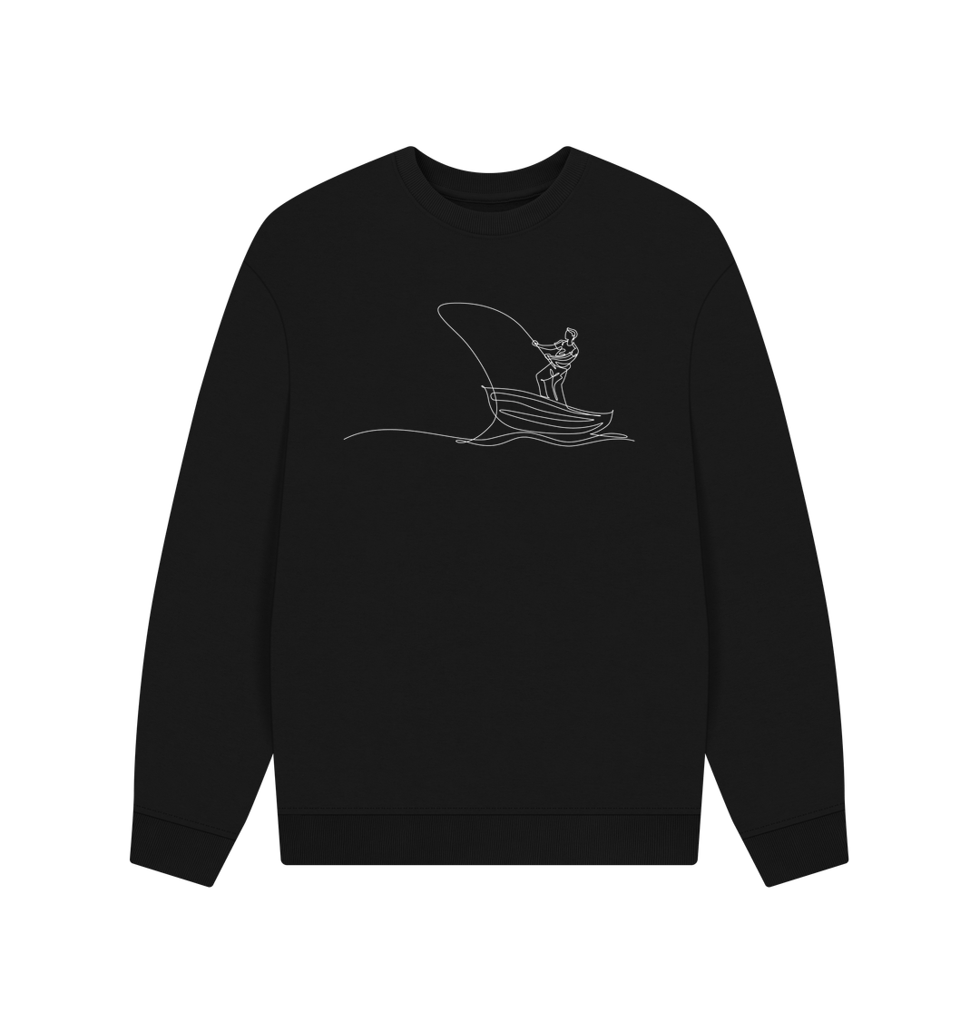 Black Men's Fisherman Organic Cotton Oversized Crewneck - White Design
