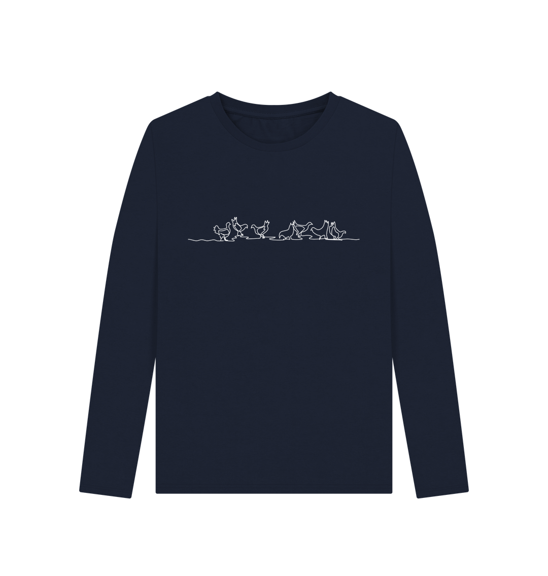Navy Blue Women's Chickens Organic Cotton Long Sleeve Tee (White)