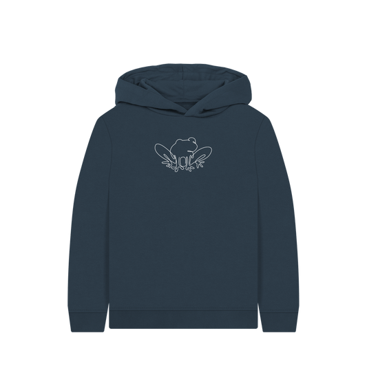 Navy Blue Kid's Frog Organic Cotton Pullover Hoodie (White)