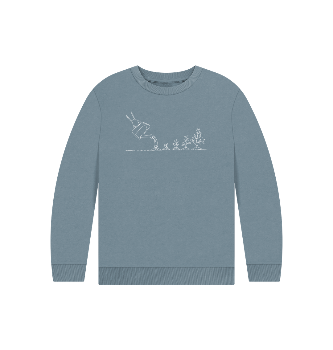 Stone Blue Kid's Gardening Organic Cotton Crewneck Sweater (White)
