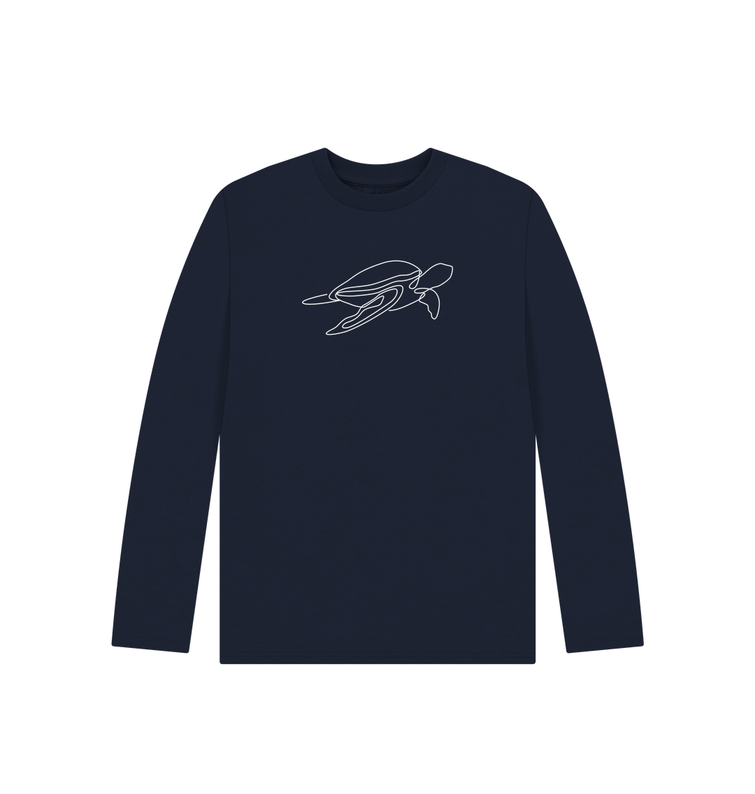 Navy Blue Kid's Sea Turtle Organic Cotton Long Sleeve Tee (White)