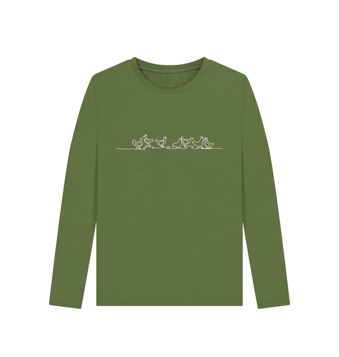 Khaki Women's Chickens Organic Cotton Long Sleeve Tee (White)