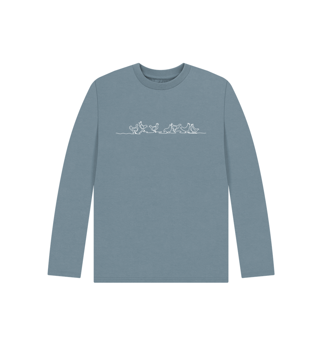 Stone Blue Kid's Chickens Organic Cotton Long Sleeve Tee (White)