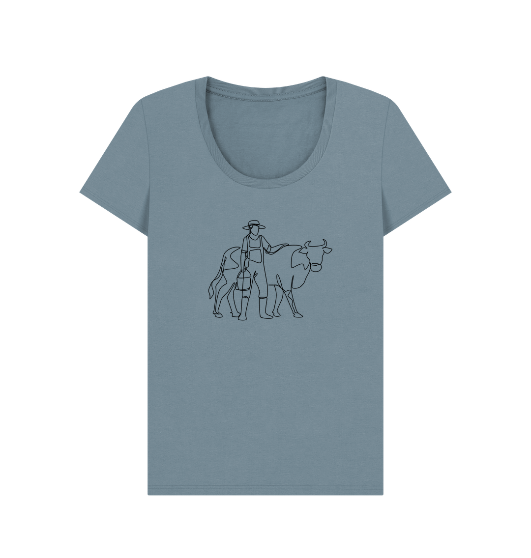 Stone Blue Women's Cow Organic Cotton Scoop Neck Tee (Black)