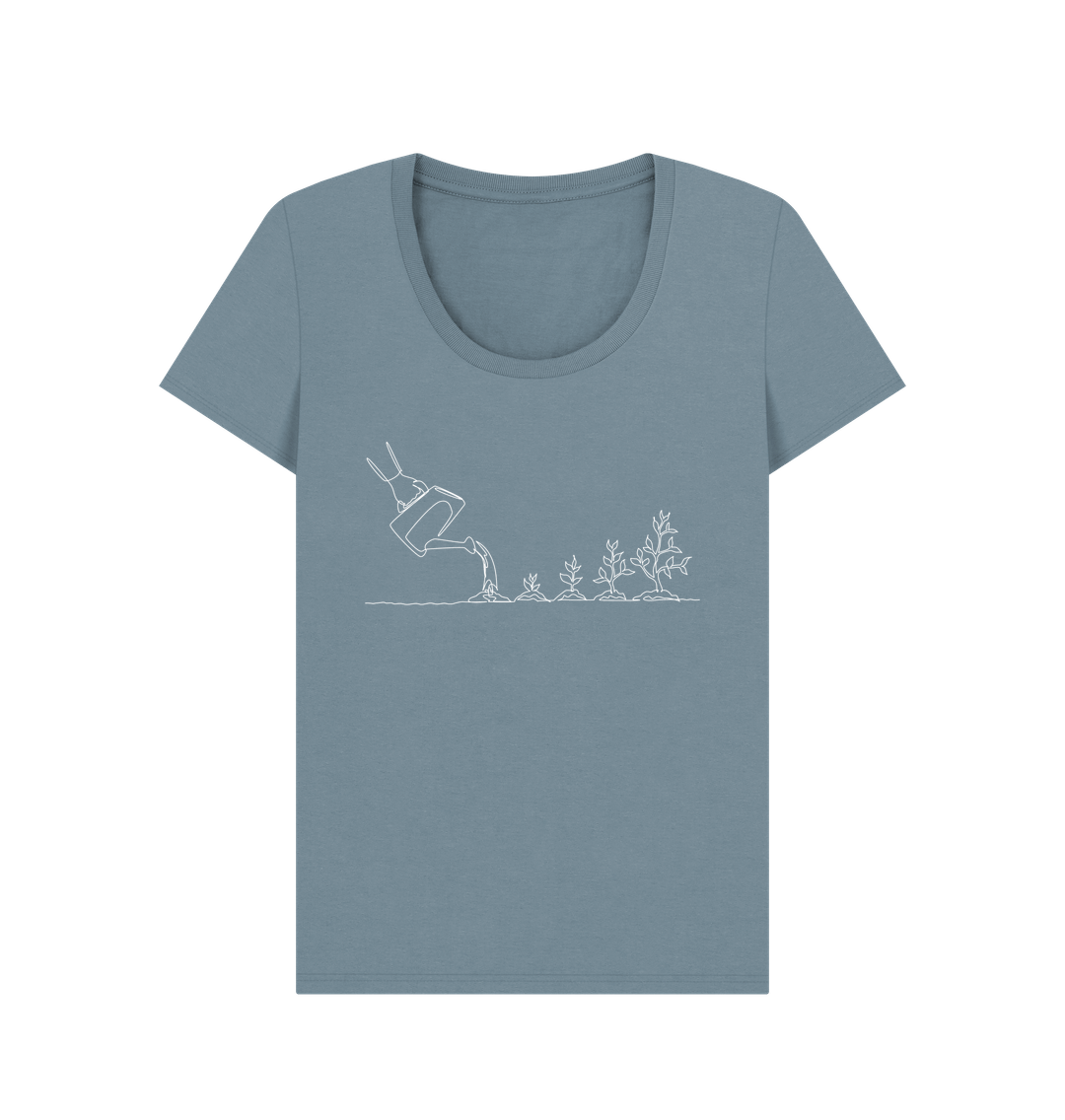 Stone Blue Women's Gardening Organic Cotton Scoop Neck Tee (White)