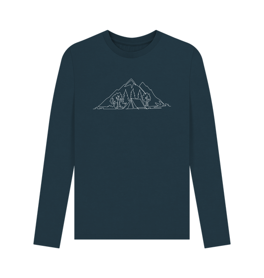 Denim Blue Men's Camping Organic Cotton Long Sleeve Tee (White)