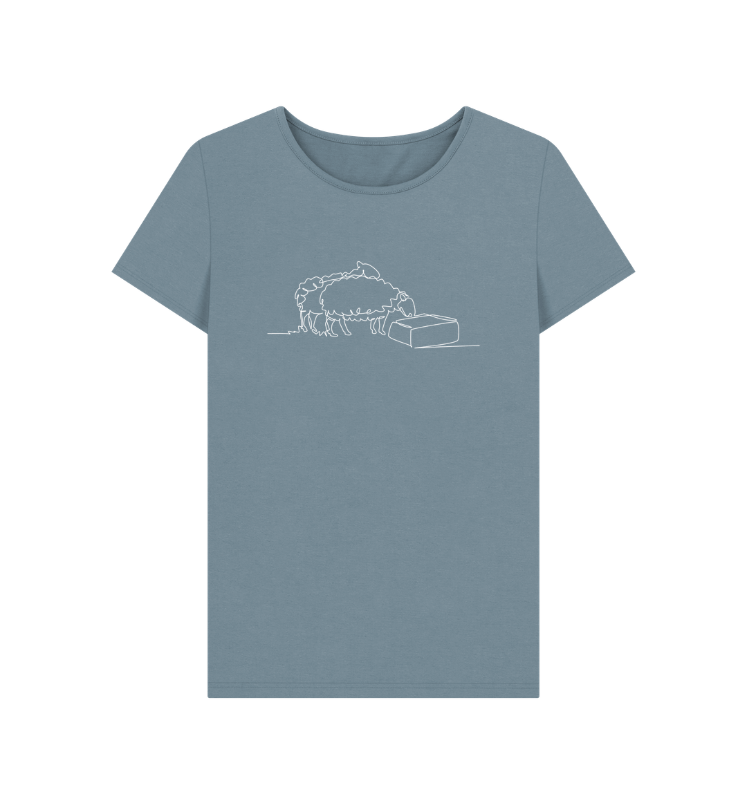 Stone Blue Women's Sheep Organic Cotton Crewneck Tee (White)