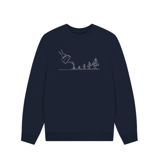 Navy Blue Men's Gardening Organic Cotton Oversized Crewneck - White Design