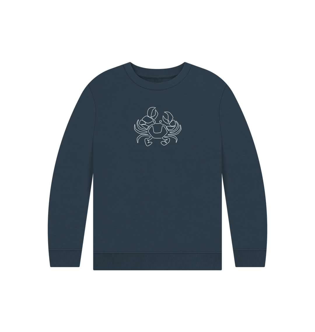 Navy Blue Kid's Crab Organic Cotton Crewneck Sweater (White)