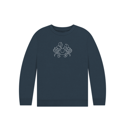 Navy Blue Kid's Crab Organic Cotton Crewneck Sweater (White)