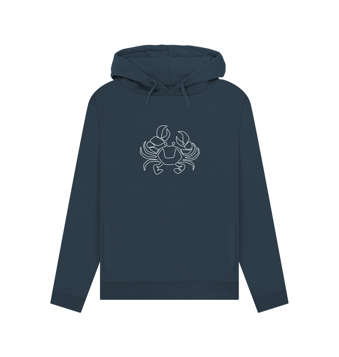 Navy Blue Women's Crab Organic Cotton Pullover Hoodie (White)