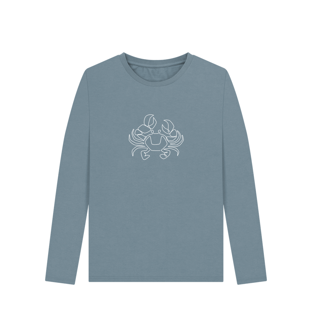 Stone Blue Women's Crab Organic Cotton Long Sleeve Tee (White)