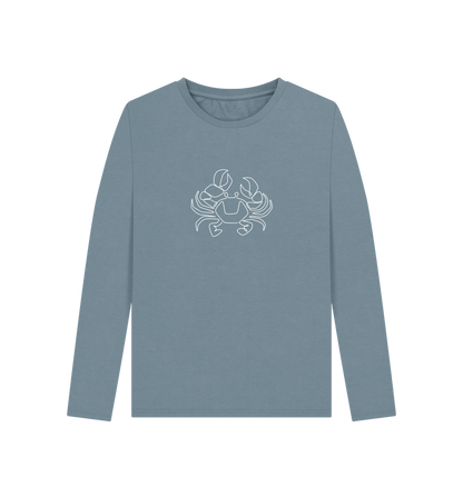 Stone Blue Women's Crab Organic Cotton Long Sleeve Tee (White)