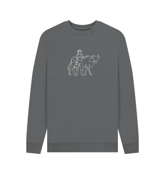 Slate Grey Men's Cow Crewneck Sweatshirt - White