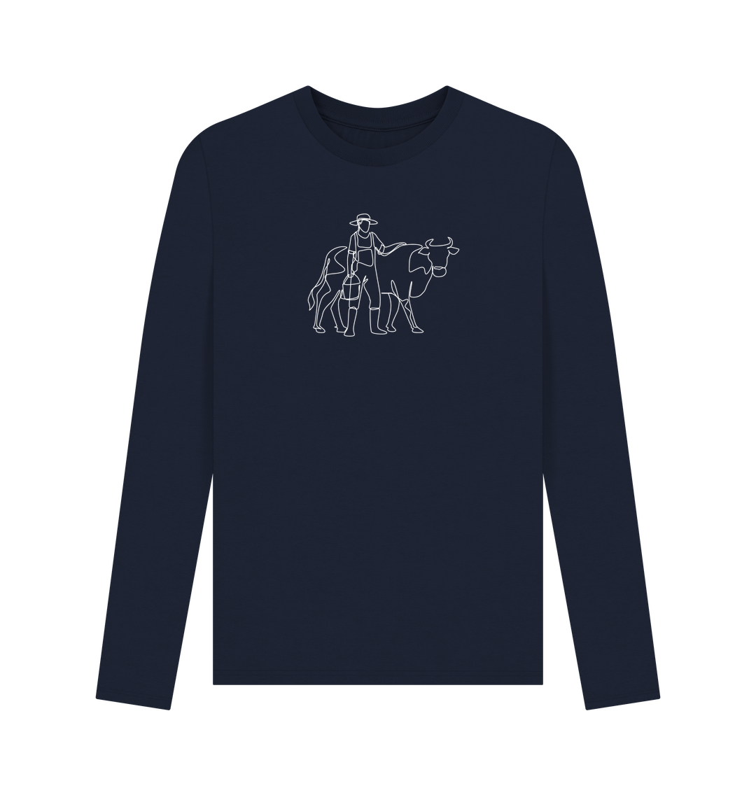 Navy Blue Men's Cow Organic Cotton Long Sleeve Tee - White Design