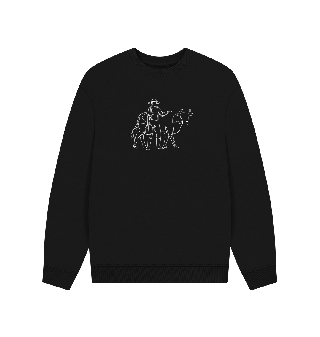 Black Men's Cow Organic Cotton Oversized Crewneck - White Design