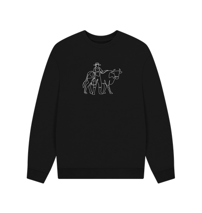 Black Men's Cow Organic Cotton Oversized Crewneck - White Design