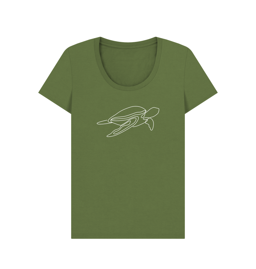 Khaki Women's Sea Turtle Organic Cotton Scoop Neck Tee (White)