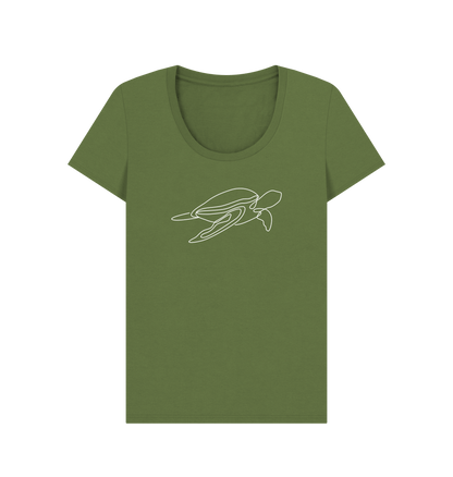 Khaki Women's Sea Turtle Organic Cotton Scoop Neck Tee (White)