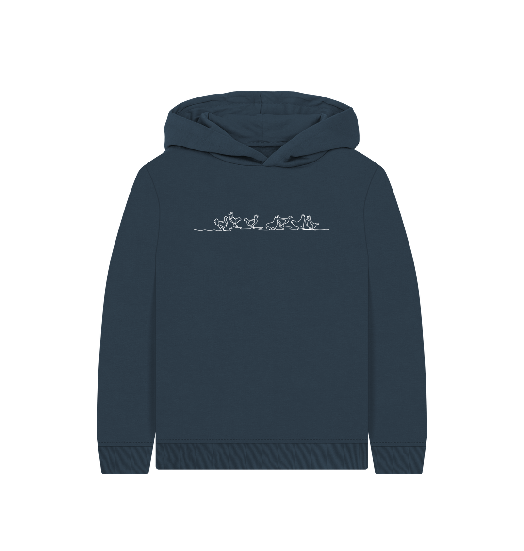 Navy Blue Kid's Chickens Organic Cotton Pullover Hoodie (White)