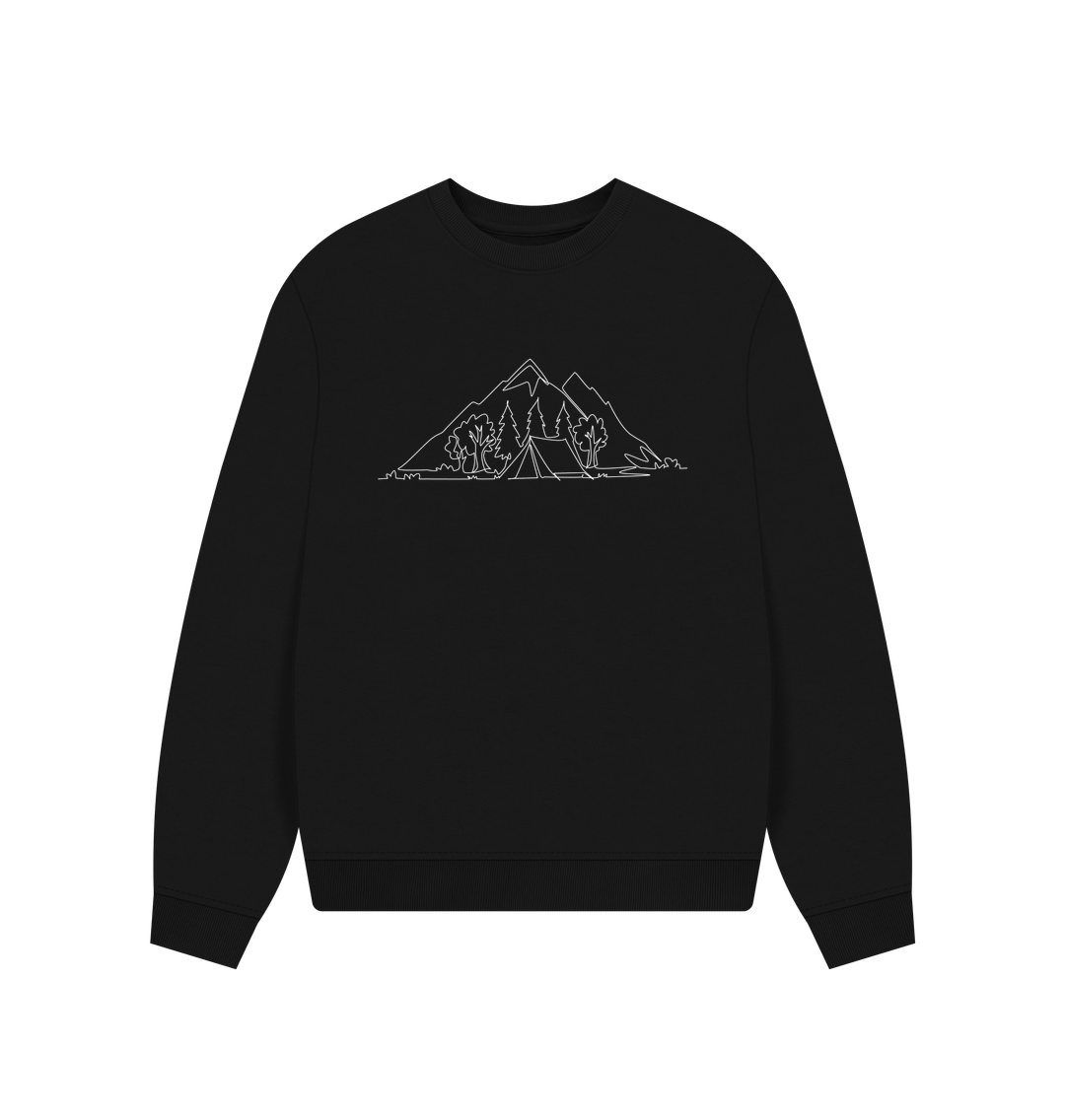 Black Women's Camping Organic Cotton Oversized Crewneck - White Design