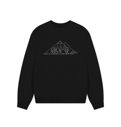 Black Women's Camping Organic Cotton Oversized Crewneck - White Design