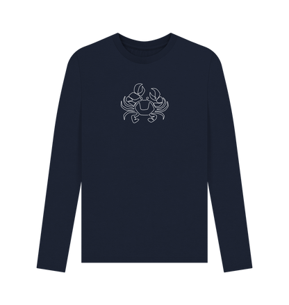 Navy Blue Men's Crab Organic Cotton Long Sleeve Tee (White)