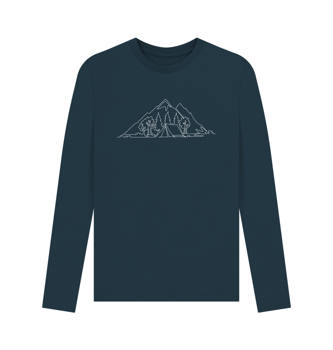 Denim Blue Men's Camping Organic Cotton Long Sleeve Tee - White Design