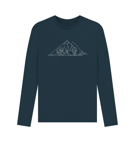 Denim Blue Men's Camping Organic Cotton Long Sleeve Tee - White Design