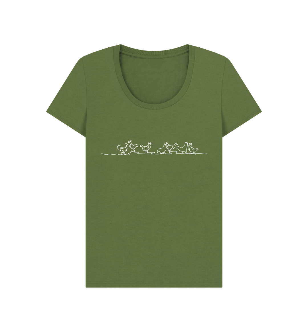 Khaki Women's Chickens Organic Cotton Scoop Neck Tee (White)