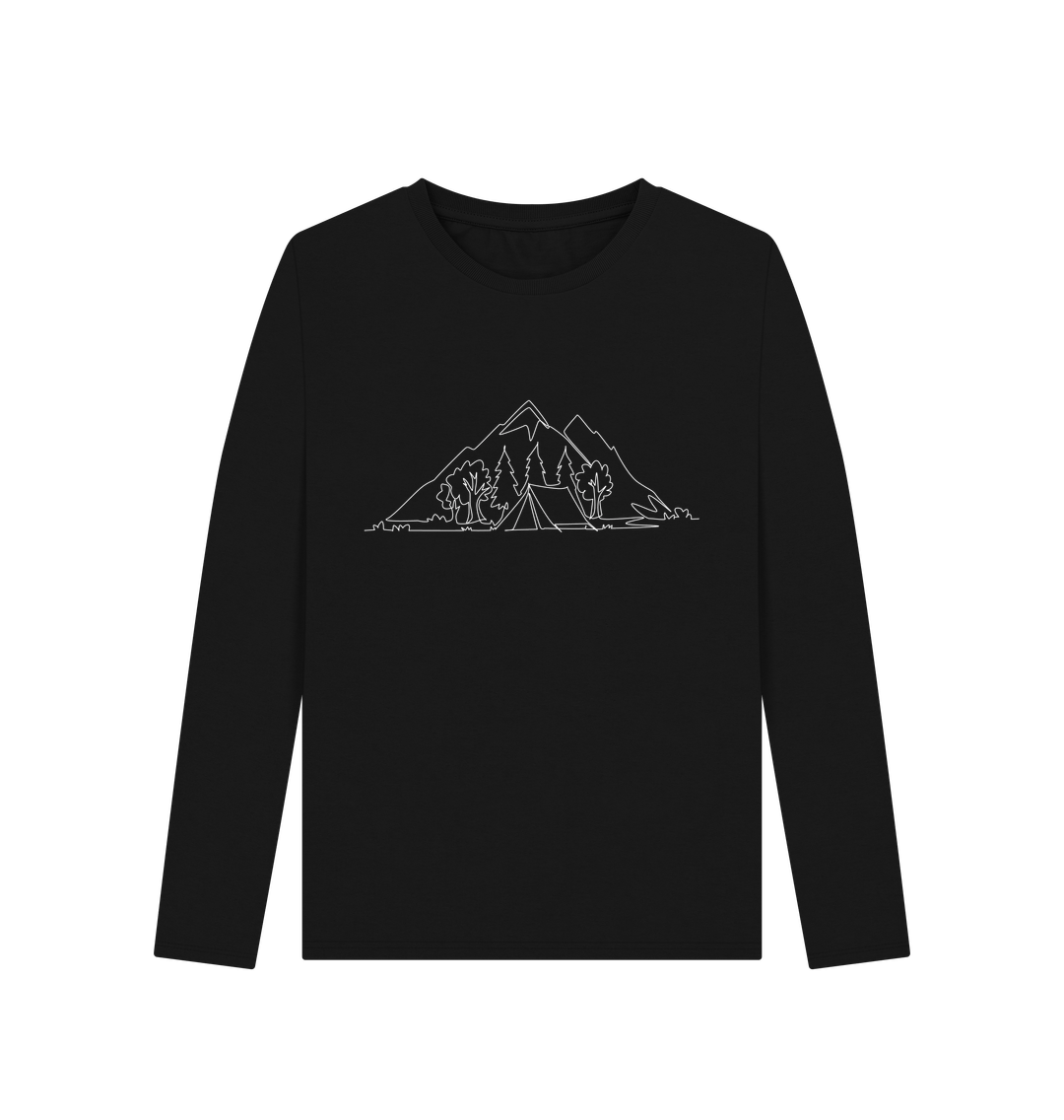 Black Women's Camping Organic Cotton Long Sleeve Tee (White)