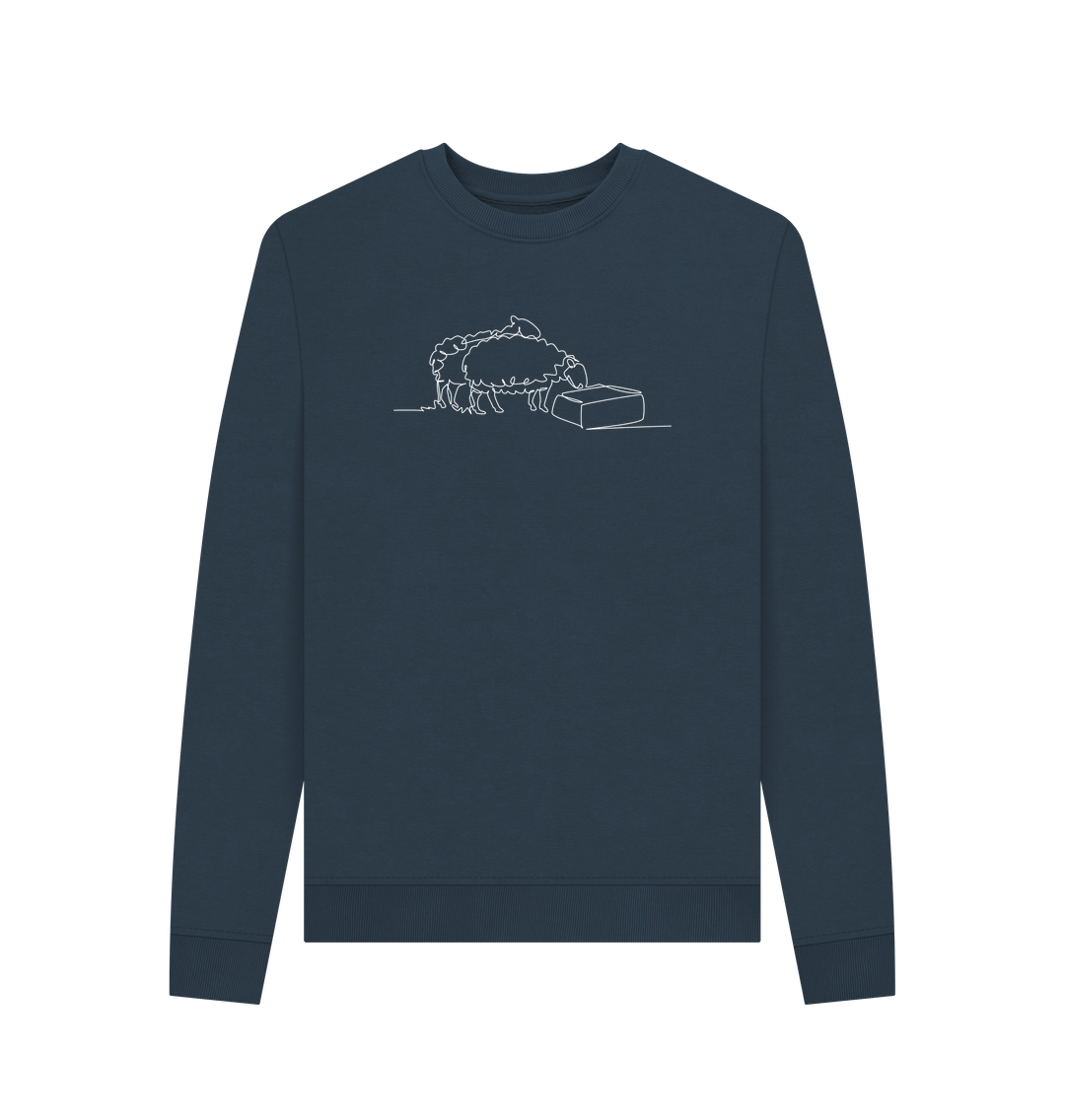 Navy Blue Women's Sheep Organic Cotton Crewneck Sweater (White)