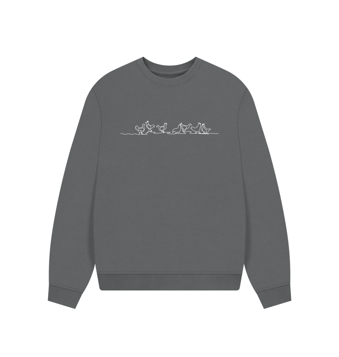 Slate Grey Women's Chickens Organic Cotton Oversized Crewneck - White Design