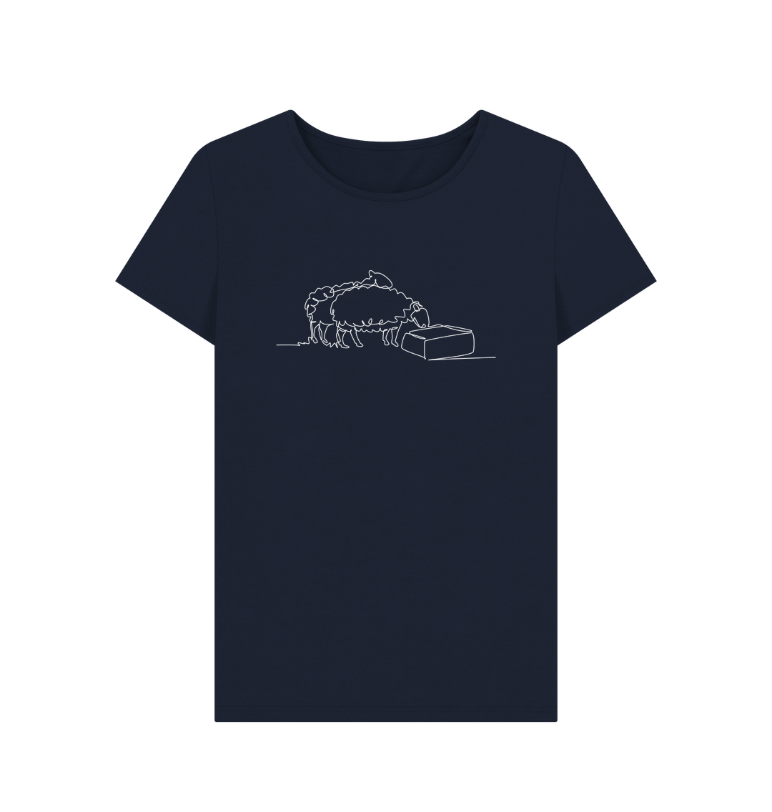 Navy Blue Women's Sheep Organic Cotton Crewneck Tee (White)