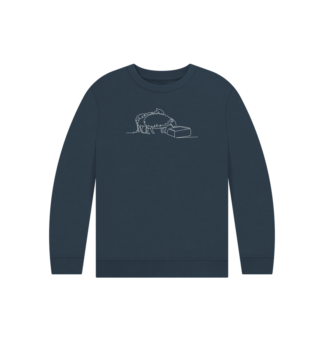 Navy Blue Kid's Sheep Organic Cotton Crewneck Sweater (White)