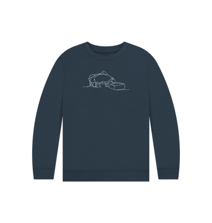 Navy Blue Kid's Sheep Organic Cotton Crewneck Sweater (White)