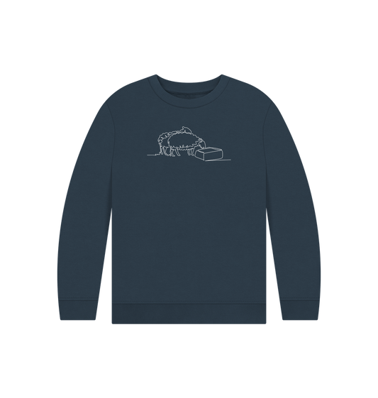 Navy Blue Kid's Sheep Organic Cotton Crewneck Sweater (White)