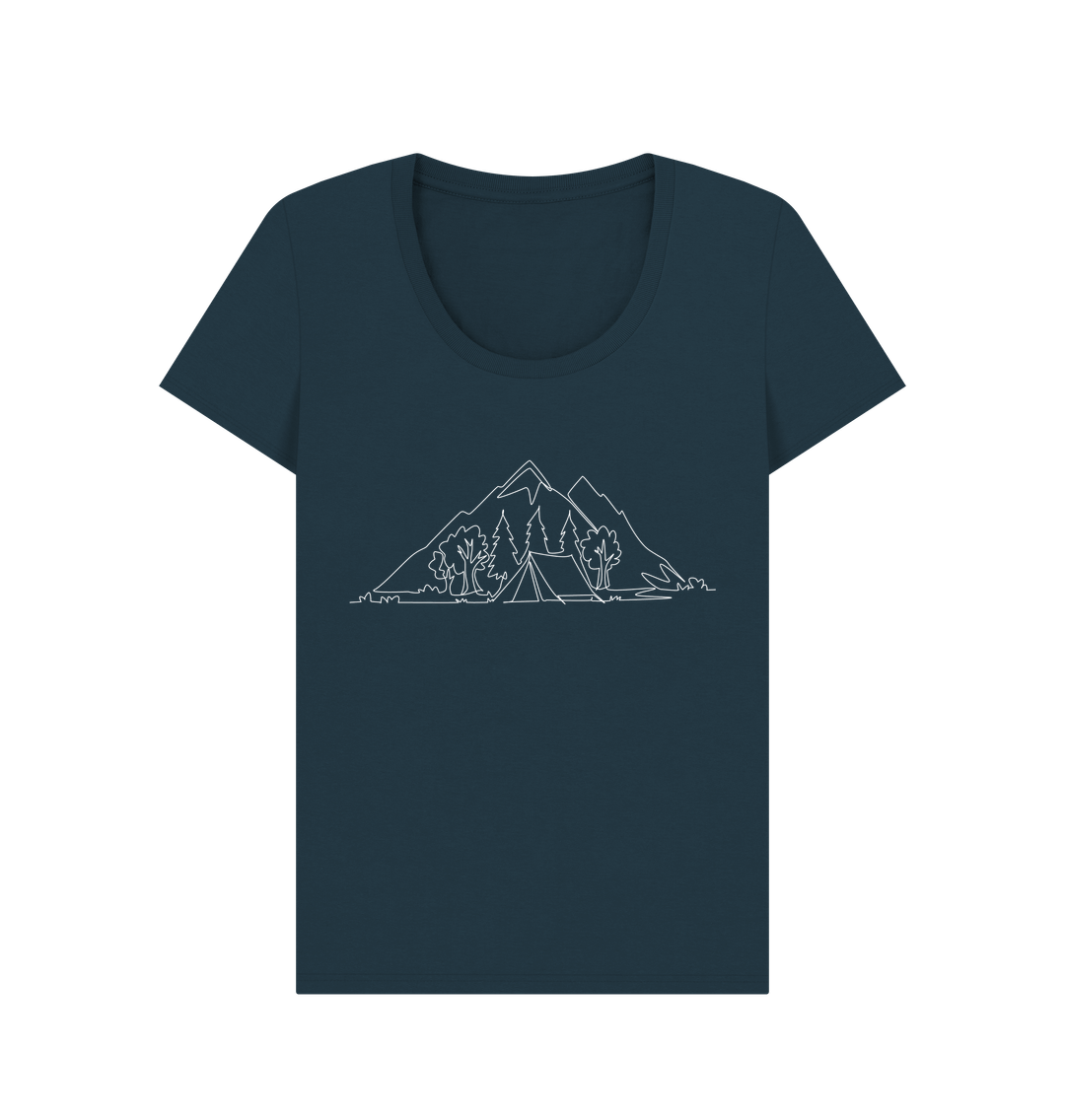 Denim Blue Women's Camping Scoop Neck T-Shirt - White