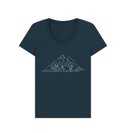 Denim Blue Women's Camping Scoop Neck T-Shirt - White