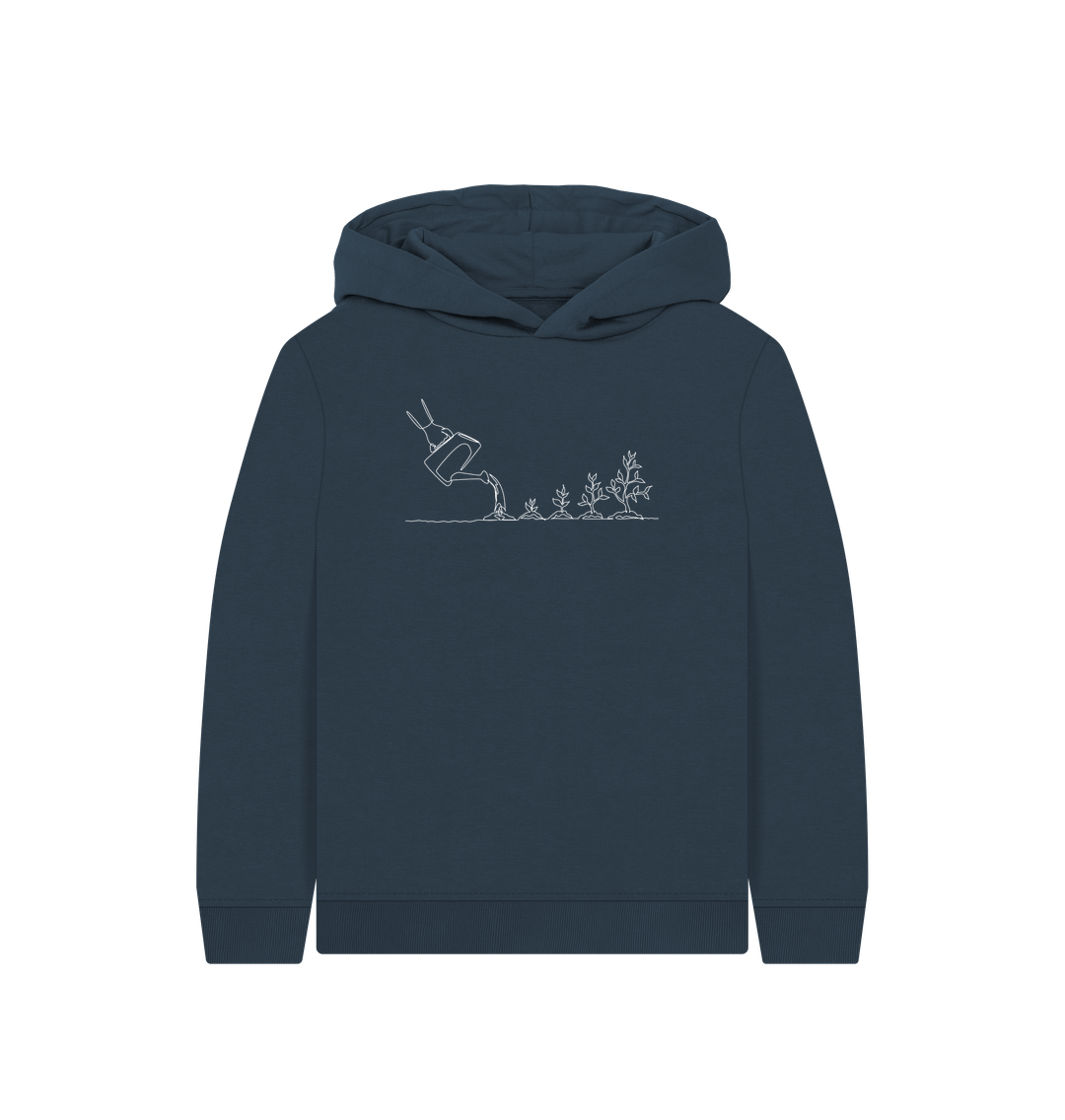 Navy Blue Kid's Gardening Organic Cotton Pullover Hoodie (White)