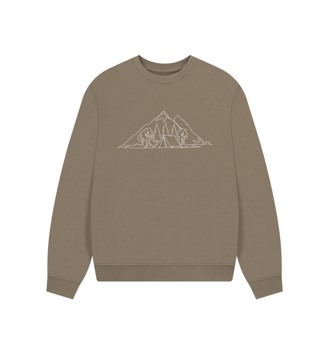 Willow Women's Camping Organic Cotton Oversized Crewneck - White Design