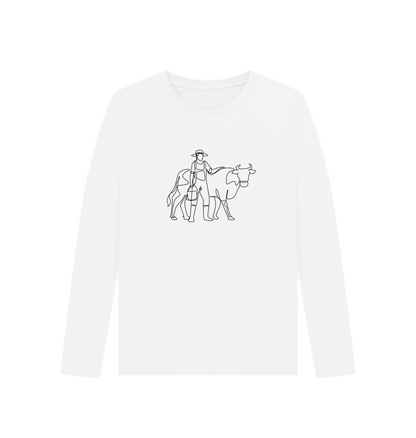 White Women's Cow Organic Cotton Long Sleeve Tee (Black)