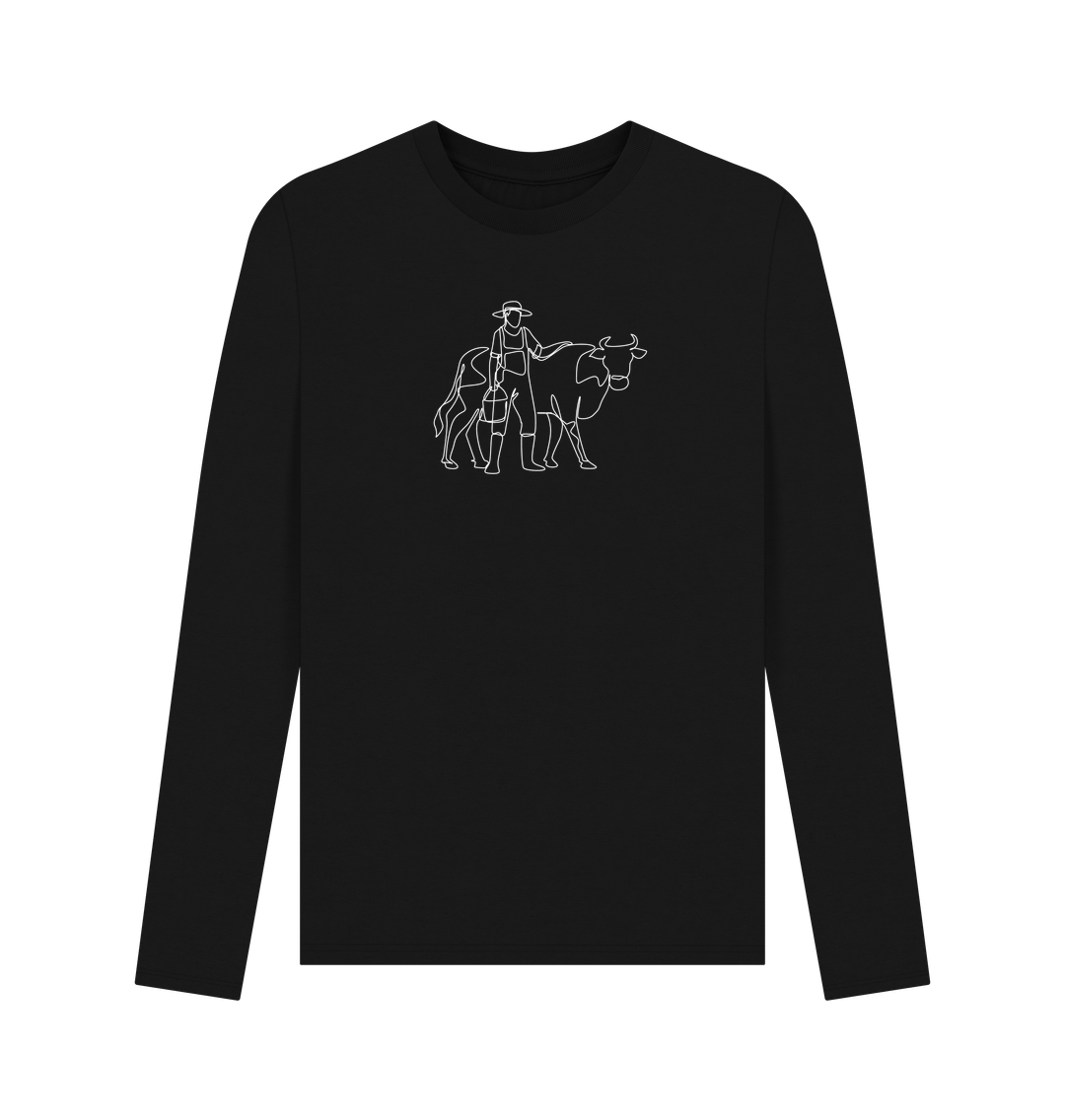 Black Men's Cow Organic Cotton Long Sleeve Tee - White Design