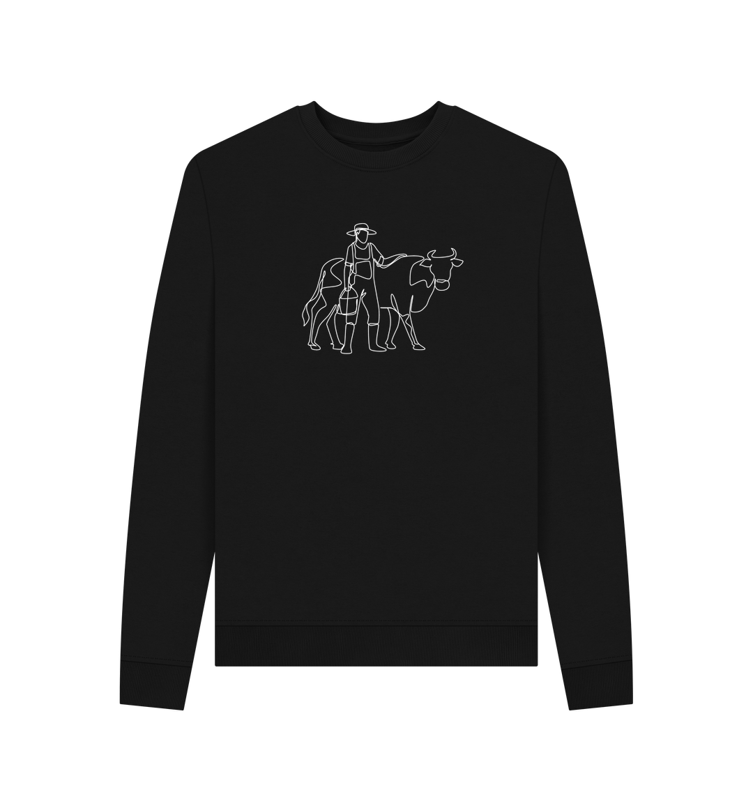 Black Women's Cow Organic Cotton Crewneck Sweater (White)