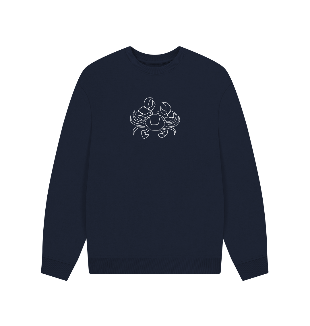 Navy Blue Men's Crab Organic Cotton Oversized Crewneck - White Design