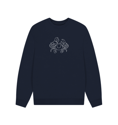 Navy Blue Men's Crab Organic Cotton Oversized Crewneck - White Design