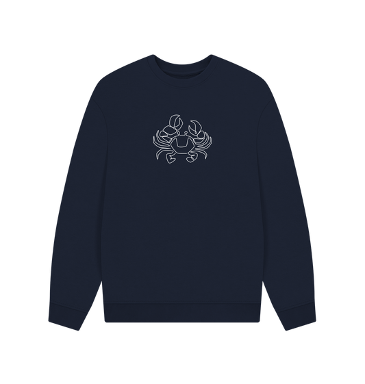 Navy Blue Men's Crab Organic Cotton Oversized Crewneck - White Design