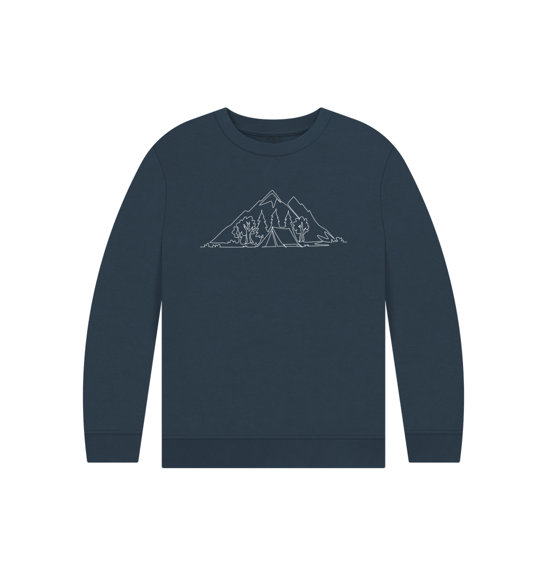 Navy Blue Kid's Camping Organic Cotton Crewneck Sweater (White)