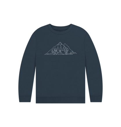 Navy Blue Kid's Camping Organic Cotton Crewneck Sweater (White)